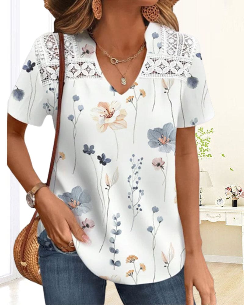 Camiseta de Manga Corta con Motivo Floral y Detalles Patchwork para Mujeres | Ideal para Uso Diario