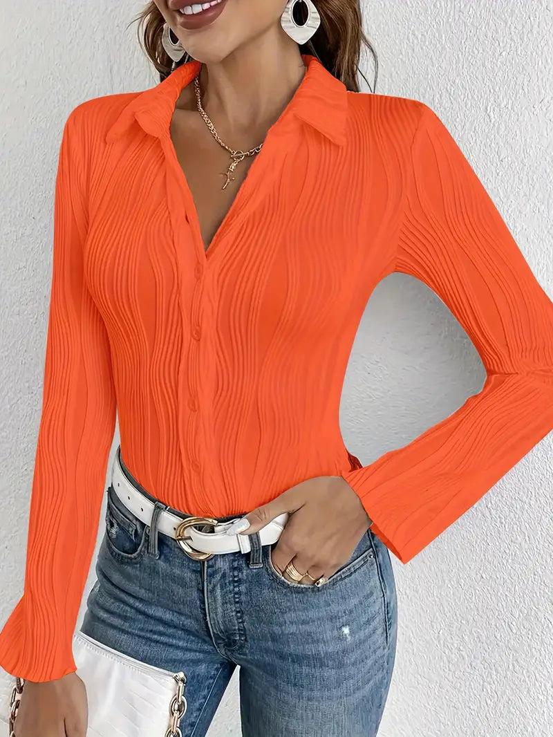 Blusa Con Superficie Acanalada Y Cierre De Botones Para Mujer | Ideal Para Uso Diario Y Oficina