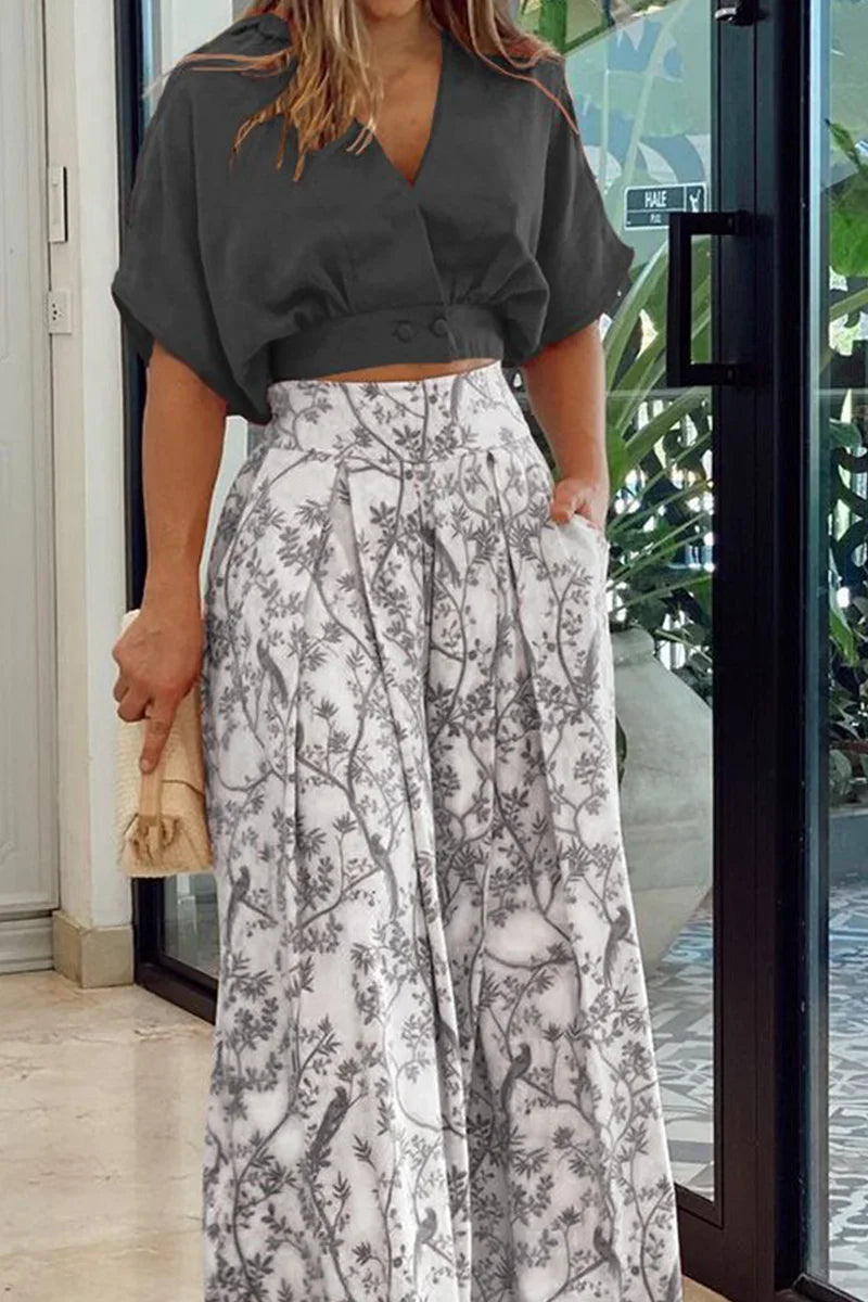 Conjunto De Top Corto con Mangas Abullonadas y Pantalón Ancho para Mujer | Ideal para Uso Diario