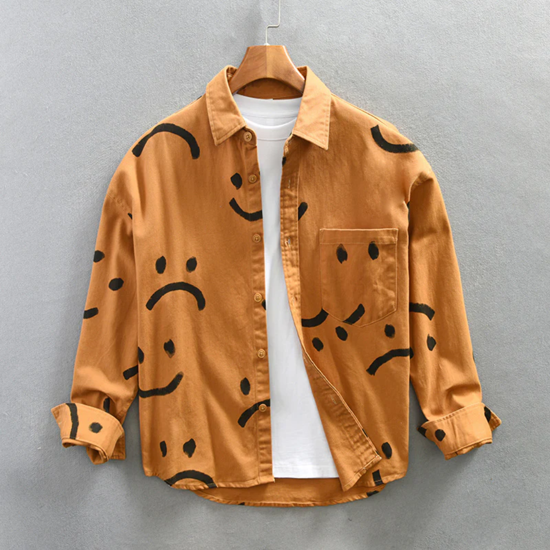 Camisa de Manga Larga con Motivo Smiley y Cuello Clásico para Hombre | Ideal para Uso Diario e Informal