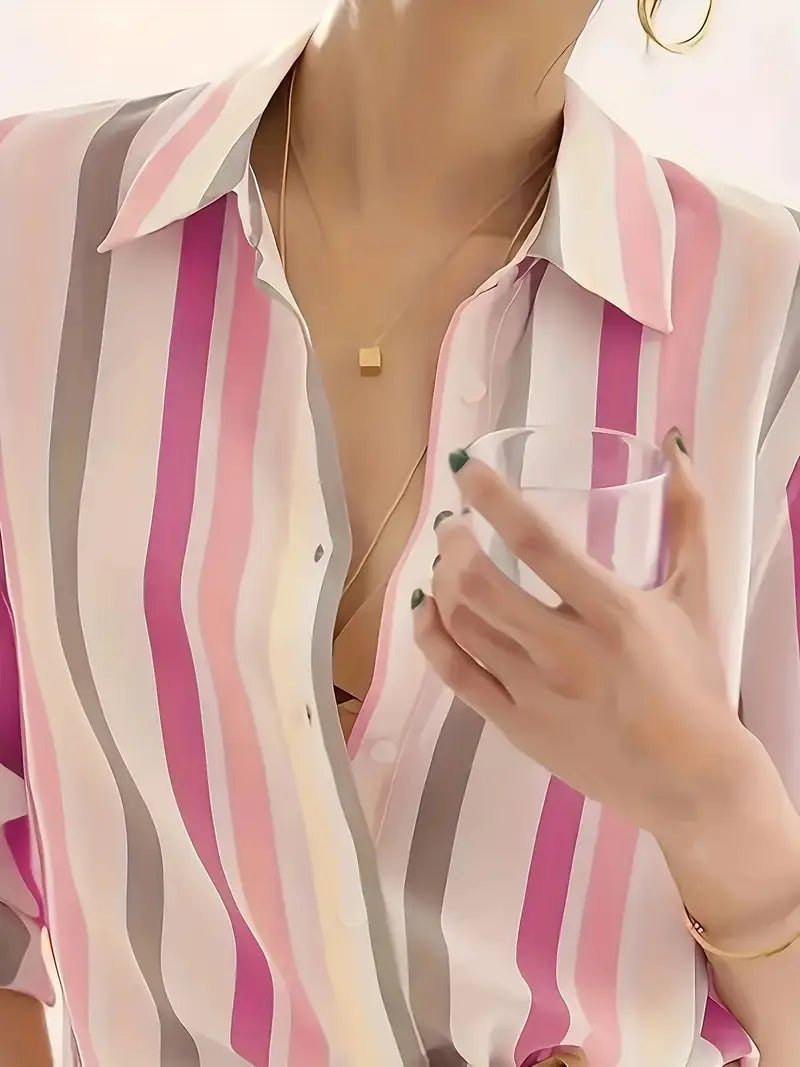 Camisa de Manga Larga con Rayas y Cierre de Botones para Mujer | Ideal para Uso Diario