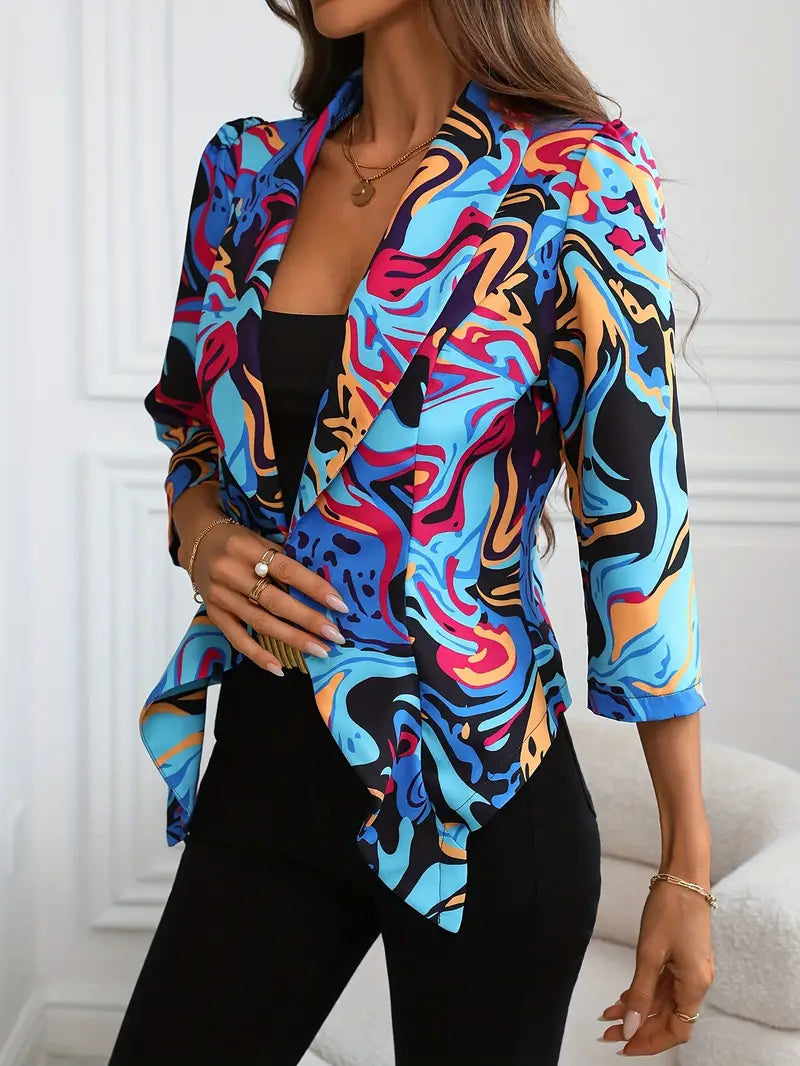 Blazer Slim Con Apertura Sin Botones Y Motivo Abstracto Multicolor Para Mujer | Ideal Para Trabajo O Uso Diario