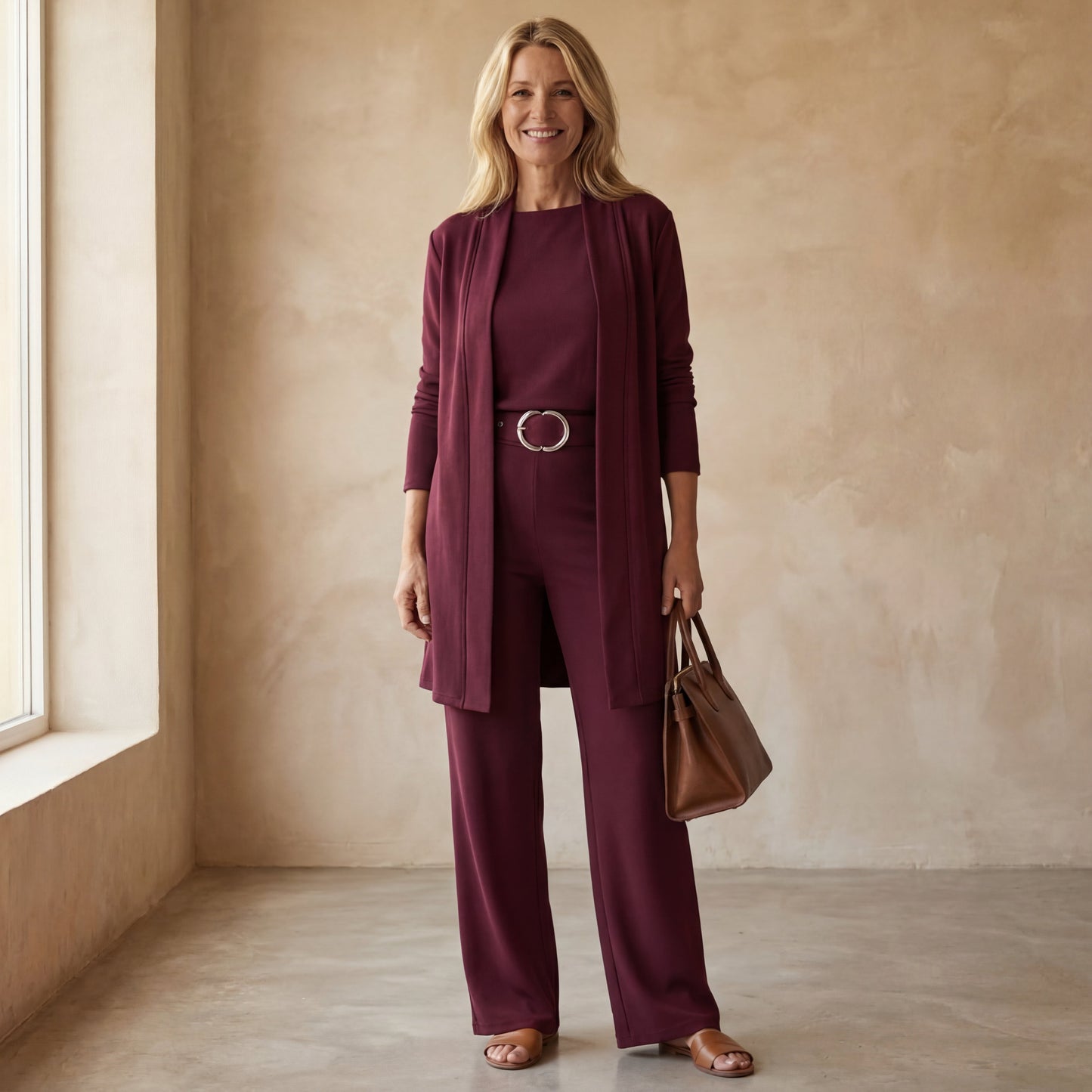 Conjunto De Tres Piezas Con Cardigan Largo Abierto Y Pantalón De Corte Recto Para Mujer | Ideal Para Uso Diario Y Profesional