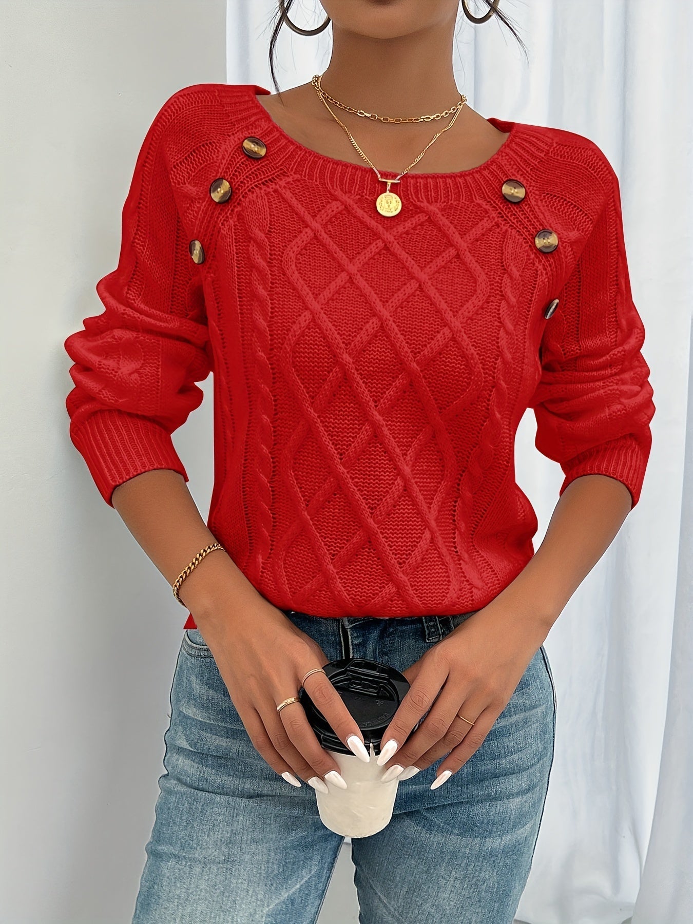 Jersey Con Punto Trenzado Y Botones En El Hombro Para Mujer | Ideal Para Uso Diario En Temporadas Frescas