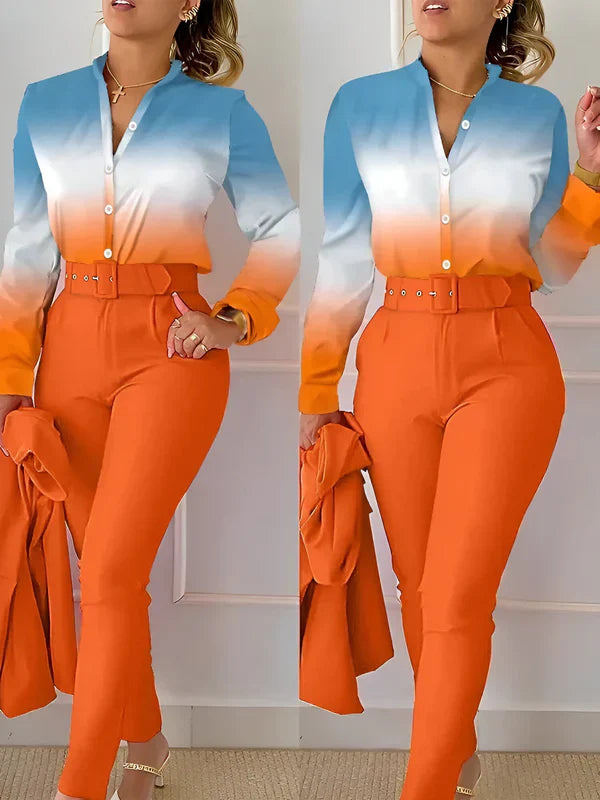 Conjunto De Dos Piezas con Top De Escote En V y Pantalón De Cintura Alta para Mujer | Ideal para Uso Diario y Entornos Formales