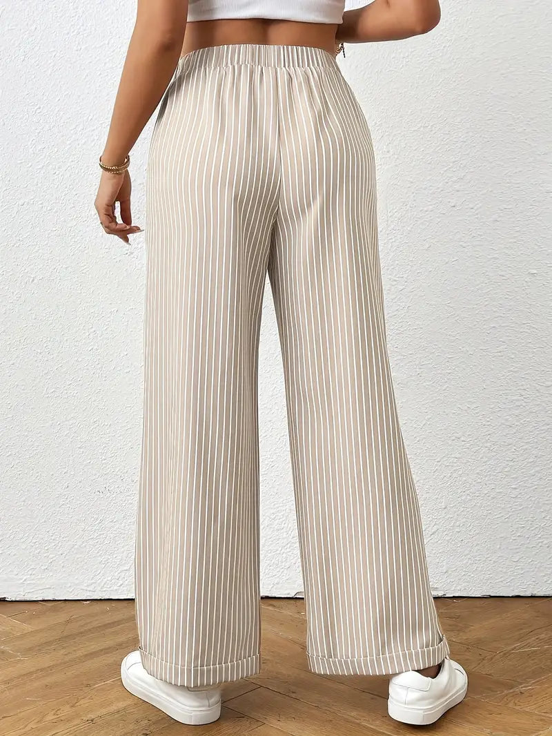 Pantalón Recto a Rayas con Cintura Elástica para Mujer | Ideal para Trabajo y Salidas Informales