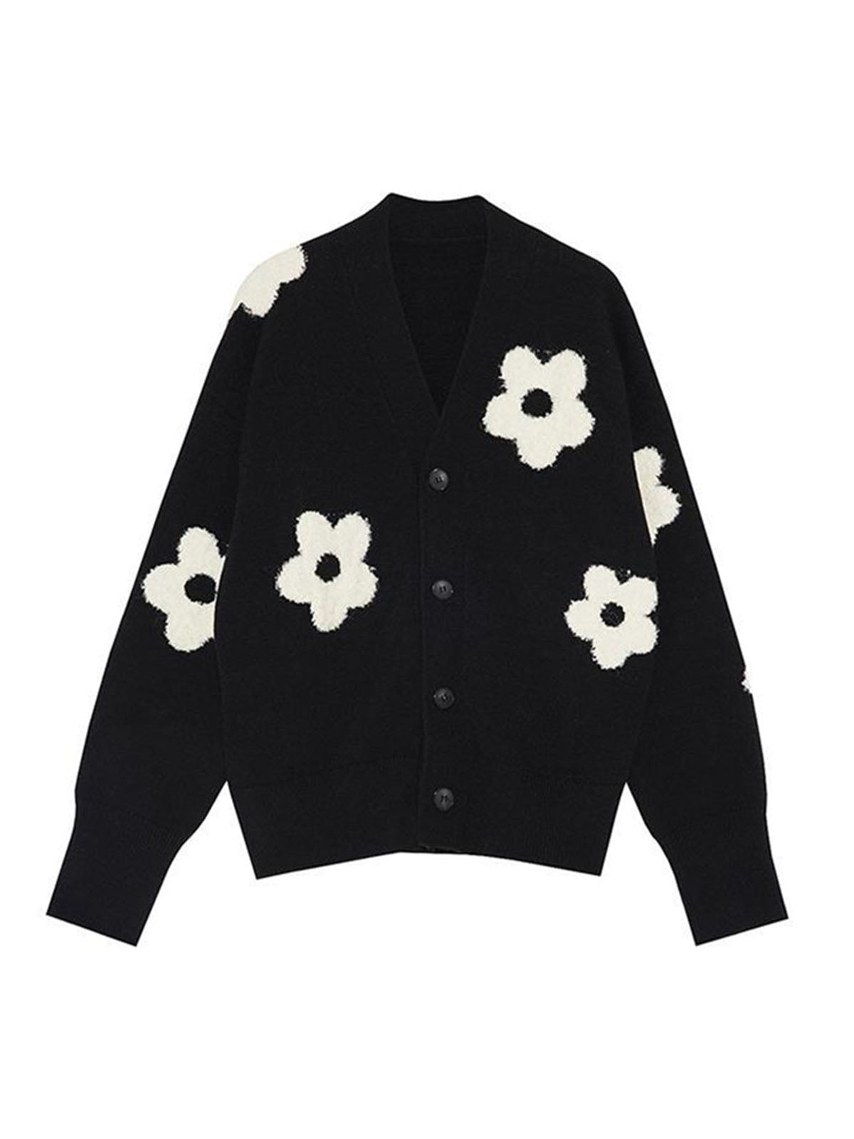 Cárdigan Con Motivo Floral Blanco Sobre Negro Y Corte Oversize Para Mujer | Ideal Para Uso Diario En Temporadas Frescas
