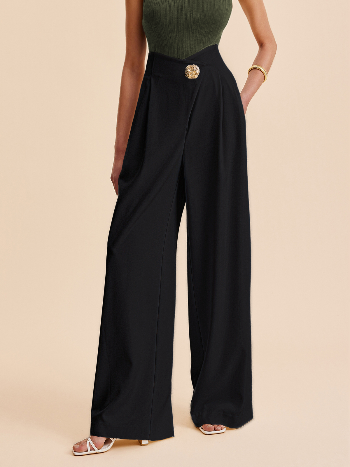 Pantalon Palazzo Avec Taille Haute Et Bouton Ornemental Pour Femme | Idéal Pour Sorties Et Événements