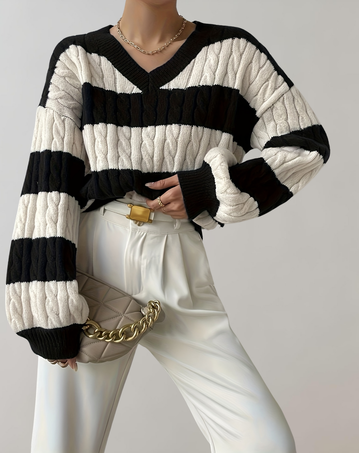 Jersey De Punto Con Rayas Y Cuello En V Para Mujer | Ideal Para Invierno