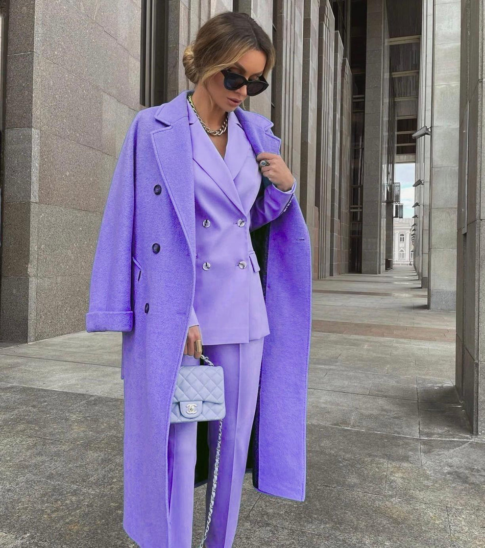 Conjunto De Tres Piezas Con Blazer Cruzado, Abrigo Largo Y Pantalón Para Mujer | Ideal Para Uso Profesional Y Formal