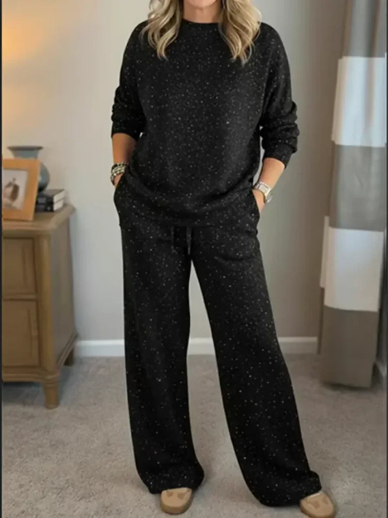 Conjunto de Dos Piezas con Top de Manga Larga y Pantalón de Pierna Ancha para Mujer | Ideal para Uso Diario Informal