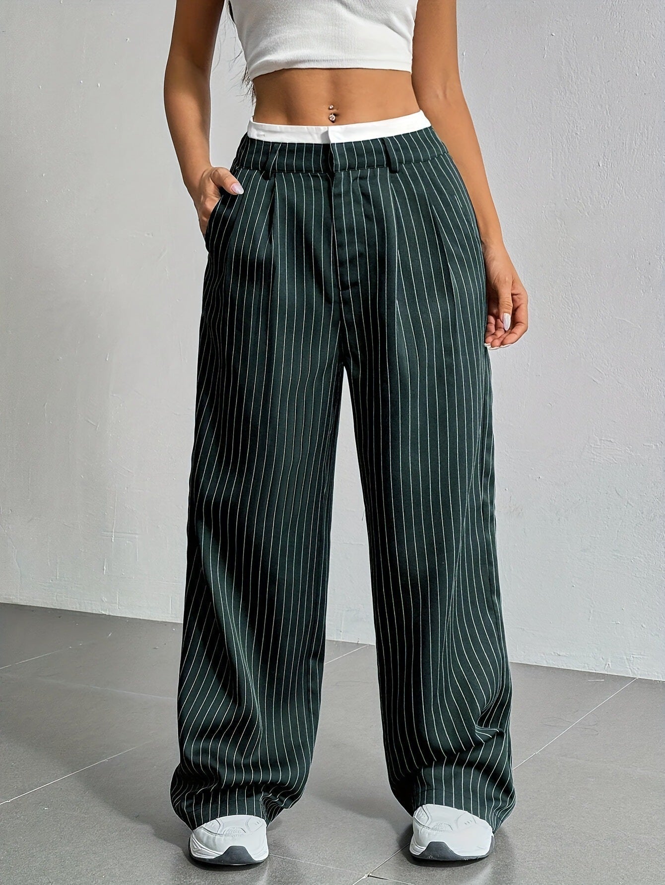 Pantalón De Pierna Ancha Con Rayas Verticales Y Cintura Elástica Para Mujer | Ideal Para Uso Diario Y Actividades Informales