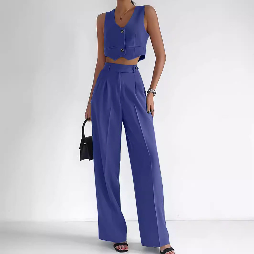 Conjunto De Dos Piezas Con Gilet Corto Abotonado Y Pantalón De Cintura Alta Para Mujer | Ideal Para Uso Diario