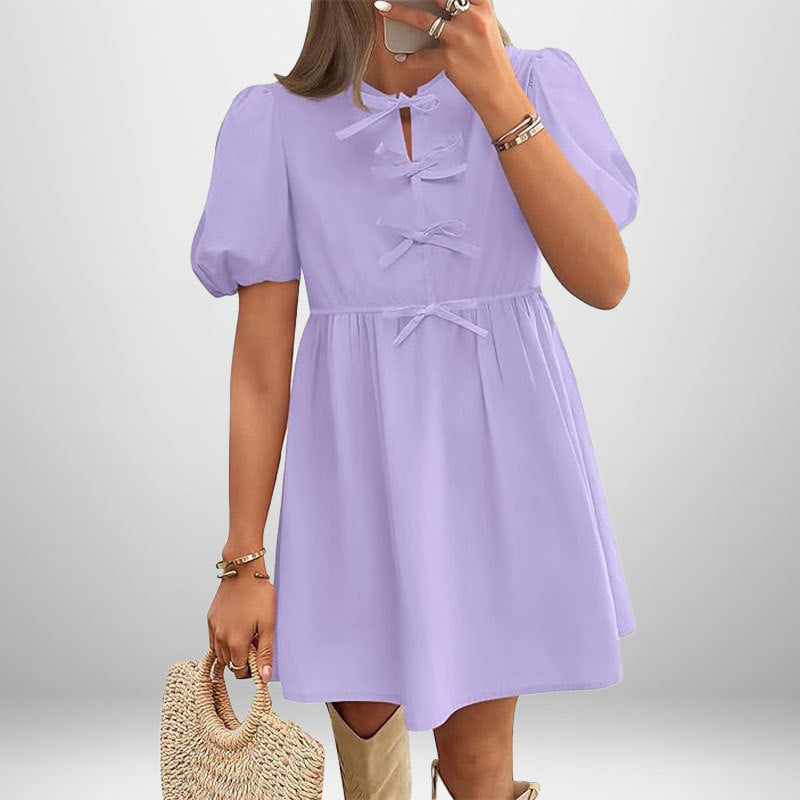 Vestido Corto Con Mangas Abullonadas Y Detalle De Lazo Para Mujer | Ideal Para Uso Diario Y Eventos