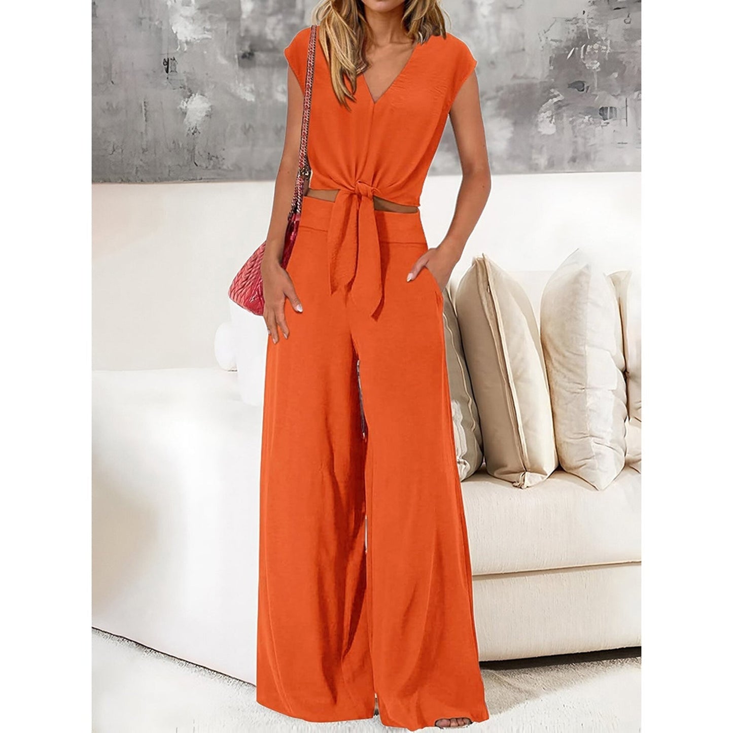 Conjunto De Dos Piezas Con Top Corto De Escote En V Y Pantalón De Cintura Alta Para Mujer | Ideal Para Uso Diario