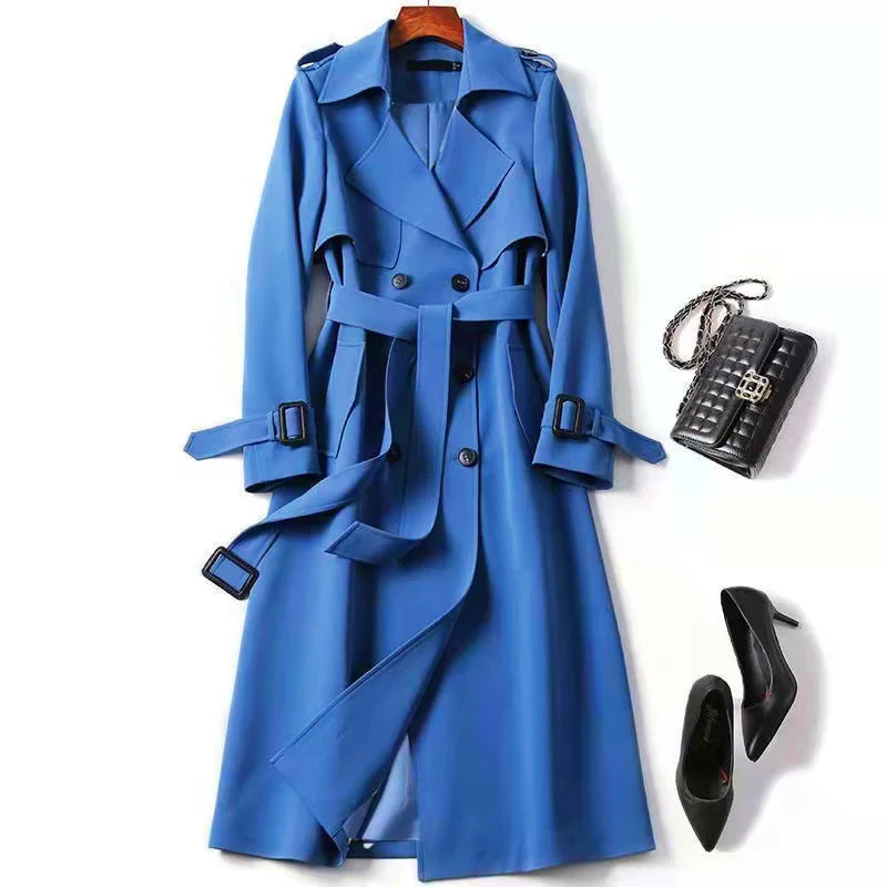 Trench Coat Largo Con Doble Botonadura Y Cinturón Para Mujer | Ideal Para Uso Diario Y Entornos De Oficina
