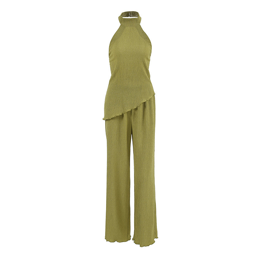 Conjunto De Dos Piezas Plisado Con Top Halter Y Pantalón De Pierna Ancha Para Mujer | Ideal Para Verano Y Eventos Al Aire Libre