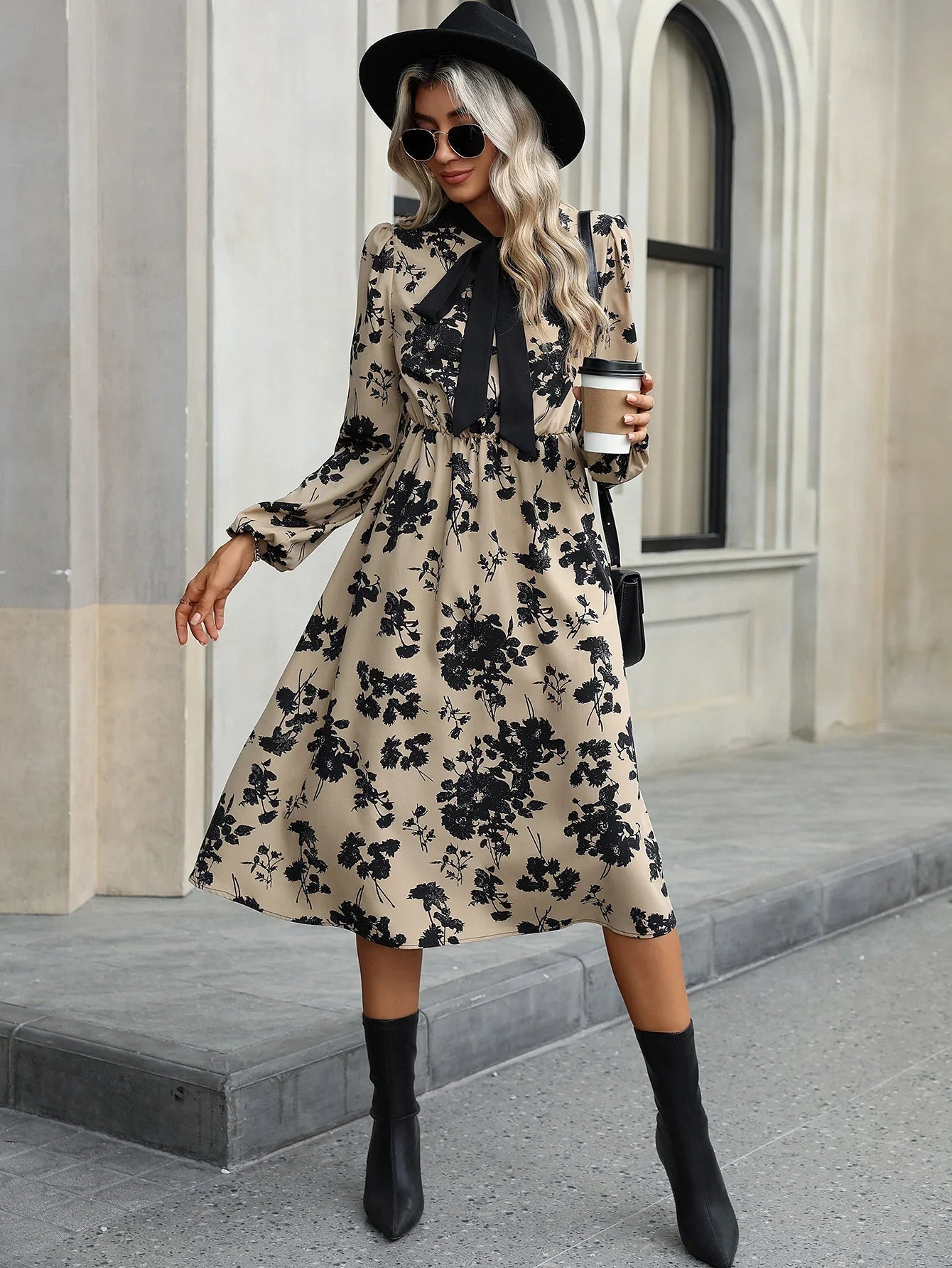 Vestido Midi Con Estampado Floral Y Cuello Con Lazo Para Mujer | Ideal Para Uso Diario Y Ocasiones Sociales