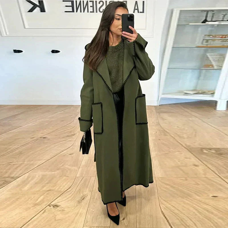 Abrigo Largo Con Costuras En Contraste Y Bolsillos Para Mujer | Ideal Para Otoño E Invierno