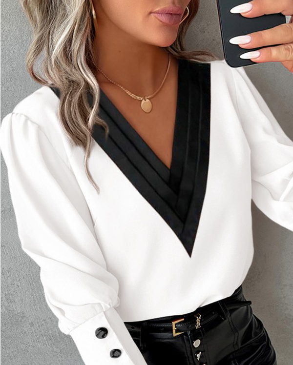 Blusa Con Cuello En V Contraste Y Botones En Las Mangas Para Mujer | Ideal Para Oficina Y Eventos Informales