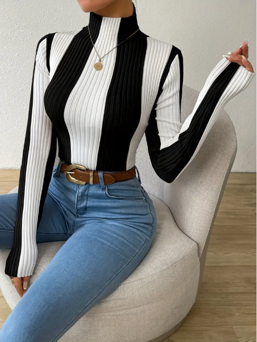 Jersey De Punto Con Cuello Alto A Rayas Para Mujer | Ideal Para Uso Diario