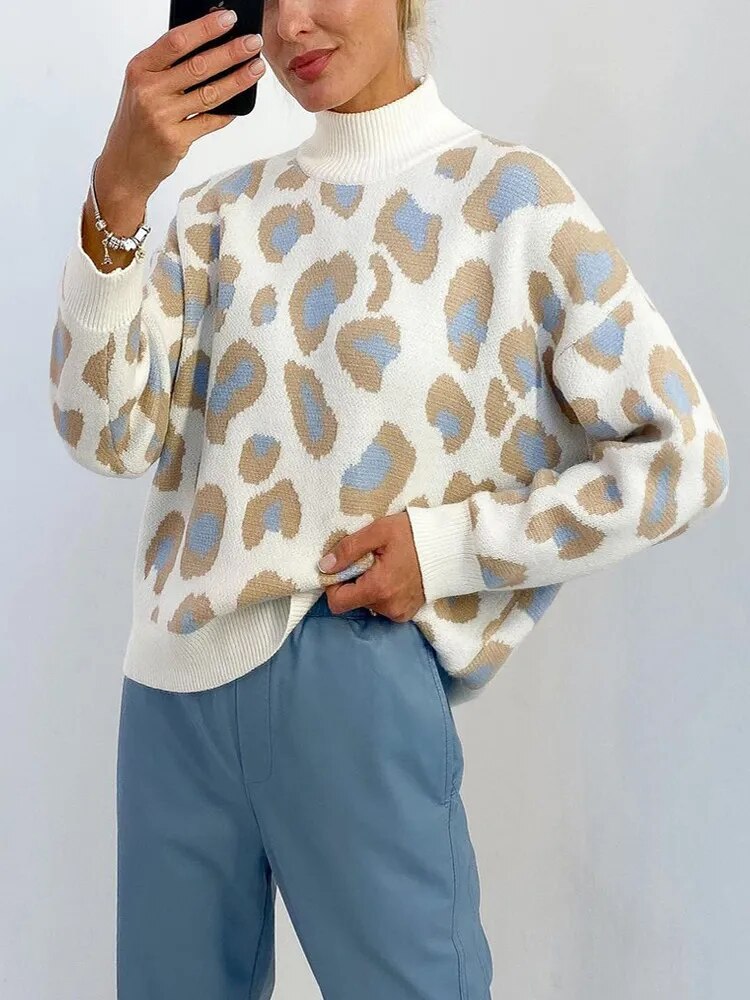 Jersey de Punto con Cuello Alto y Estampado Animal para Mujer | Ideal para Uso Diario en Invierno