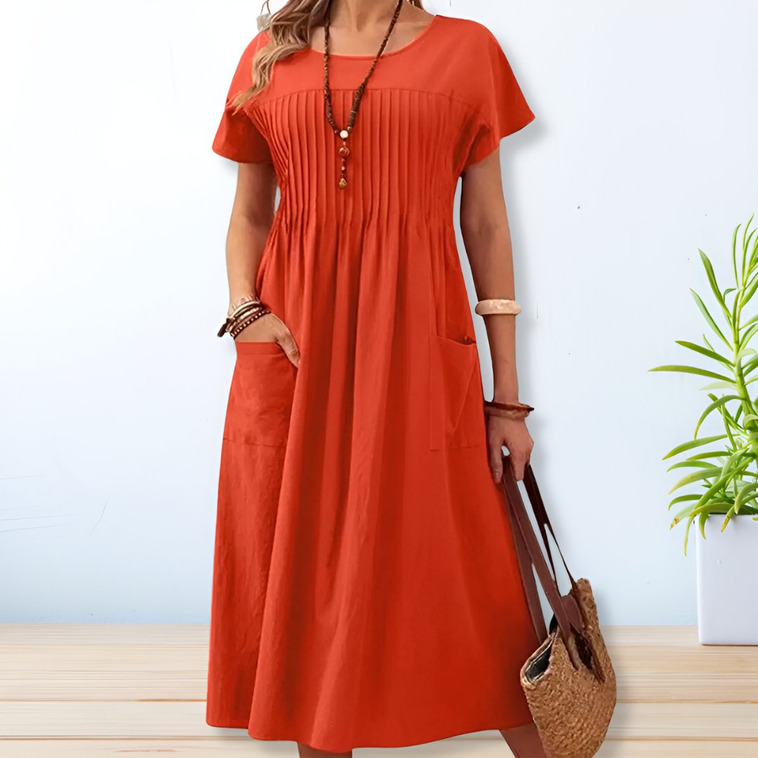 Vestido Midi Con Corte Amplio Y Pliegues Para Mujer | Ideal Para Días Cálidos Y Uso Diario
