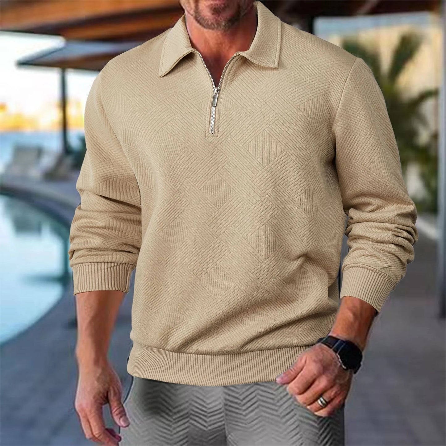 Sudadera De Corte Amplio Con Motivo Geométrico Y Cuello Con Media Cremallera Para Hombres | Ideal Para Uso Diario E Informal