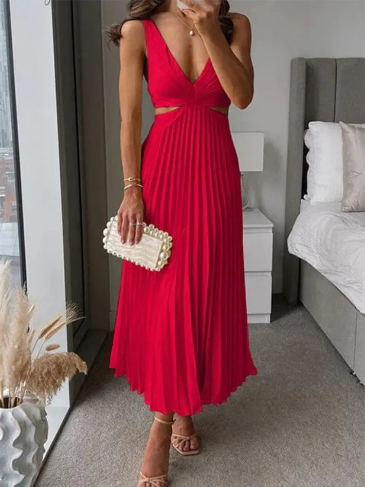 Vestido Midi Con Estructura Plisada Y Detalles Recortados Para Mujer | Ideal Para Uso Diario Y Ocasiones