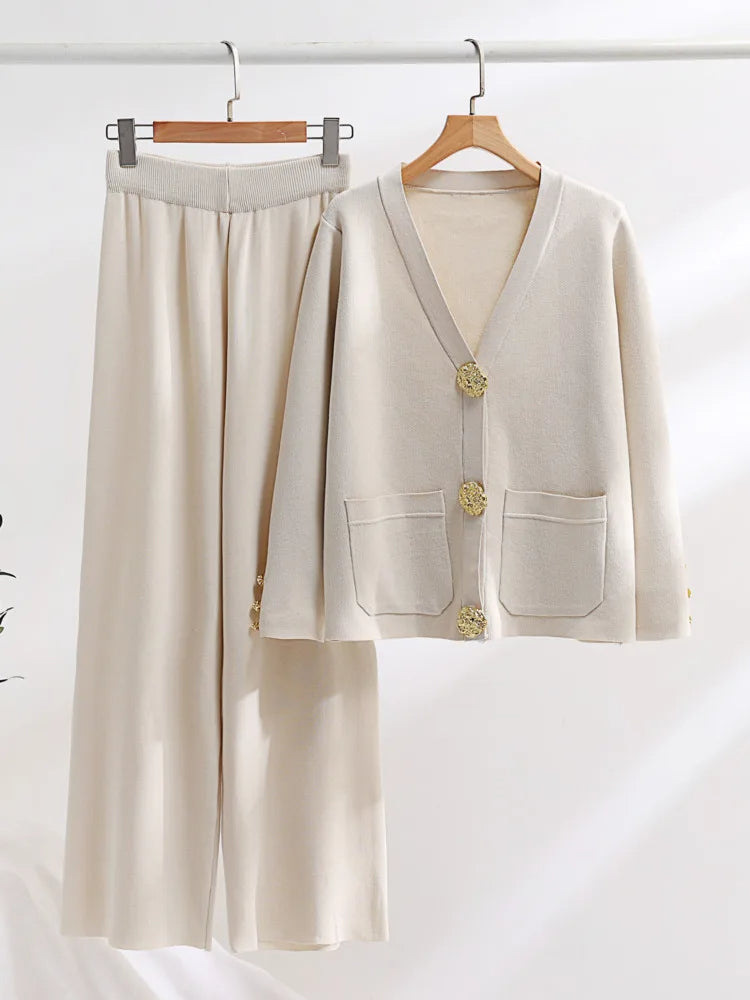 Conjunto de Dos Piezas con Cardigan de Cuello V y Pantalón de Pierna Ancha para Mujer | Ideal para Uso Diario