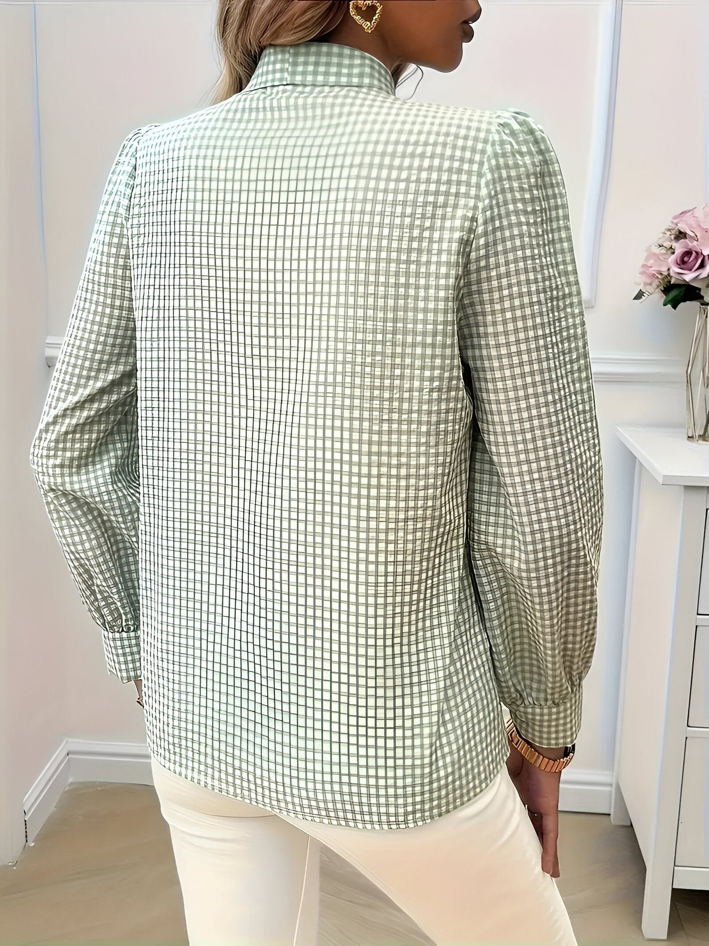 Blusa De Manga Larga Con Estampado De Cuadros Y Detalle De Lazo Para Mujer | Ideal Para Uso Diario O Profesional