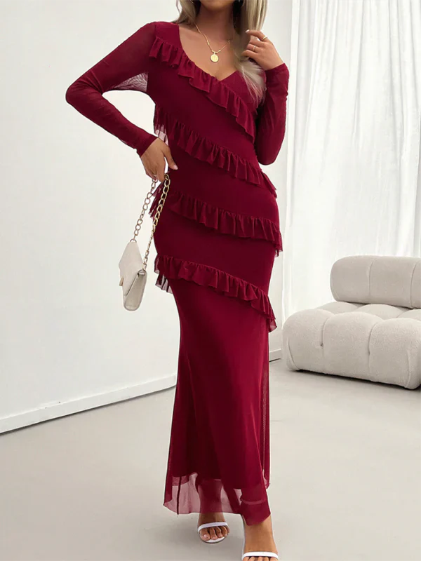 Vestido Largo con Volantes Diagonales, Cuello en V y Manga Larga para Mujer | Ideal para Uso Diario