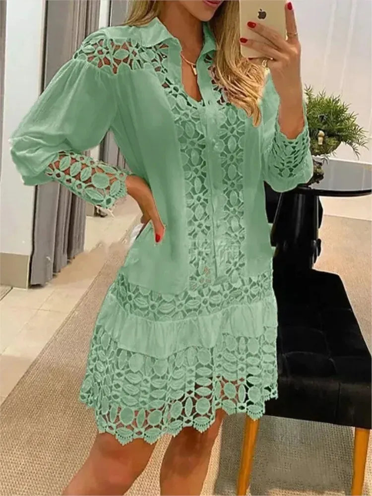 Vestido Tipo Camisa Con Encaje Y Manga Larga Para Mujer | Ideal Para Uso Diario Y Entorno Laboral