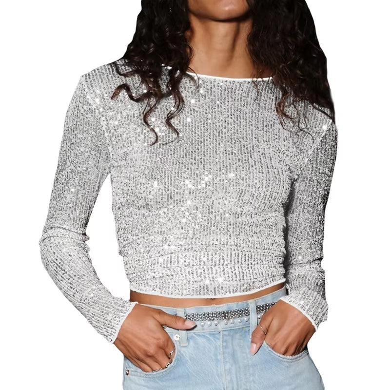 Top Con Acabado Brillante Y Manga Larga Para Mujer | Ideal Para Uso En Eventos