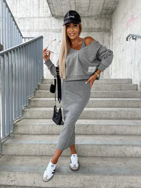 Conjunto de Dos Piezas con Top Oversize y Falda Midi Ajustada para Mujer | Ideal para Ciudad o Uso Informal