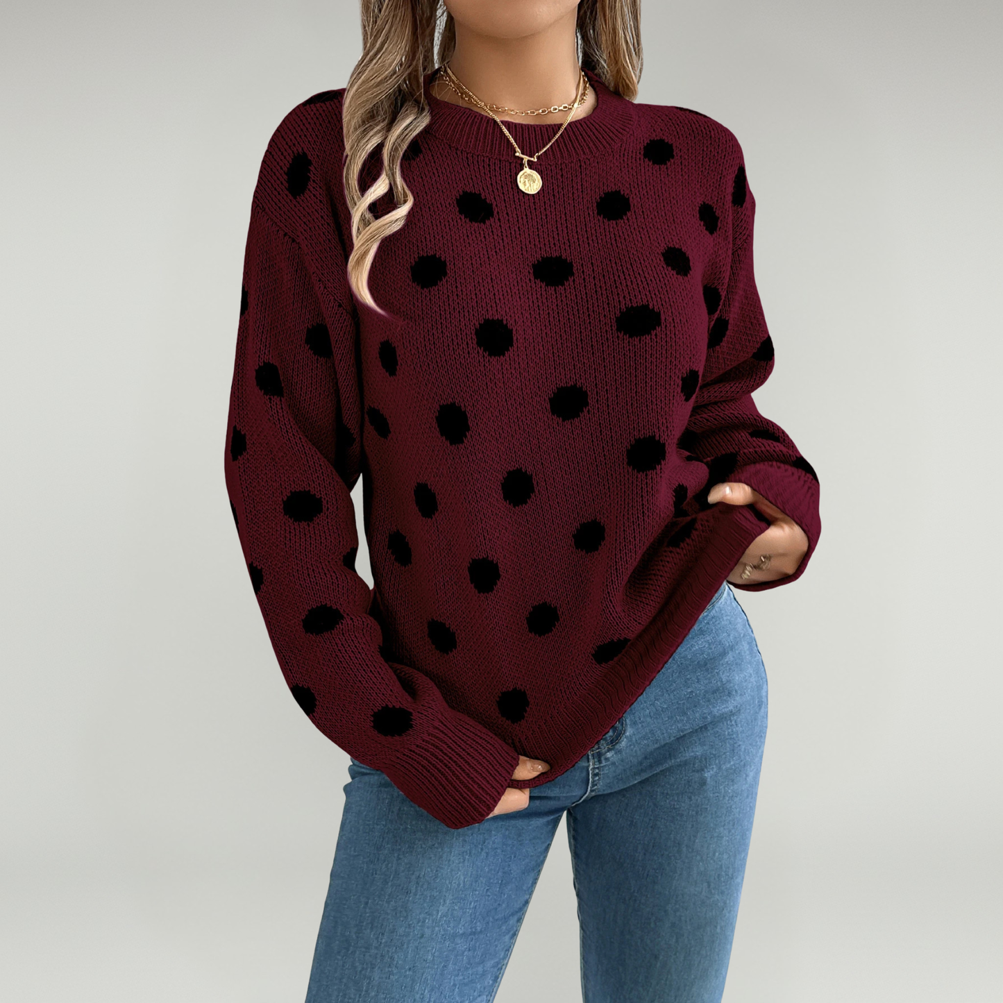 Jersey De Cuello Redondo Con Estampado De Lunares Y Mangas Farol Para Adultos | Ideal Para Otoño Y Uso Casual