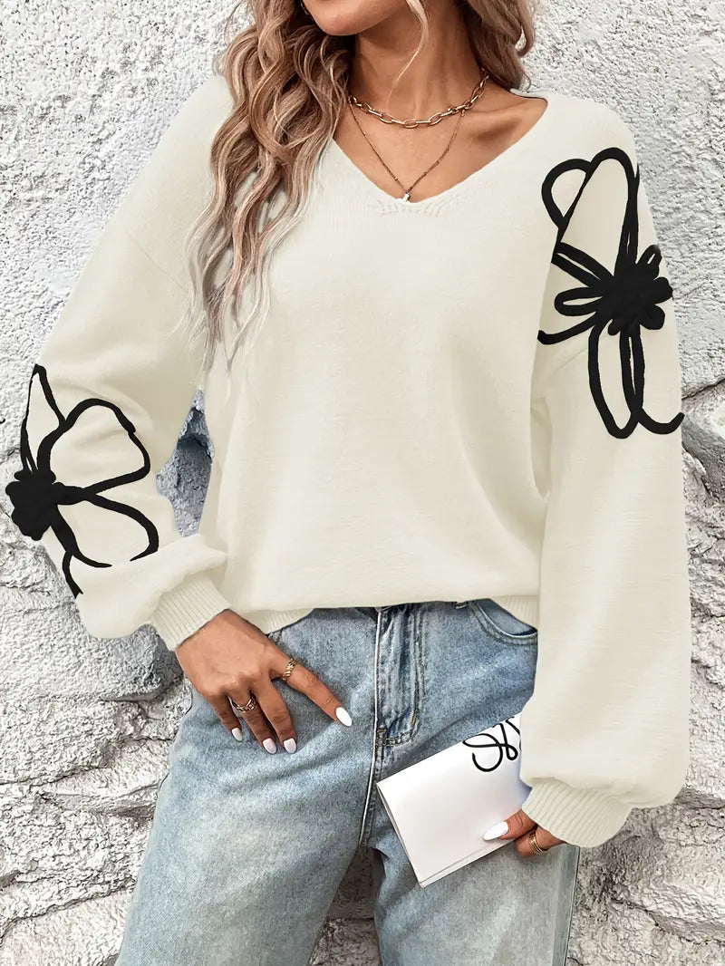 Jersey De Manga Larga Con Escote En V Y Bordados Florales Para Mujer | Ideal Para Uso Diario Y Superposición