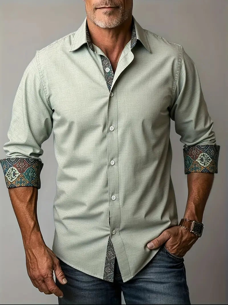 Camisa de Manga Larga con Cierre de Botones y Detalles Contrastantes para Hombre | Ideal para Uso Diario y Contextos Formales