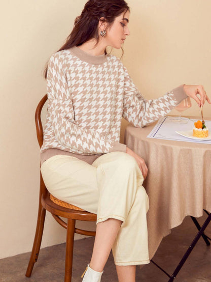 Jersey De Manga Larga Con Motivo Pied-De-Poule Y Cuello Redondo Para Mujer | Ideal Para Uso Diario