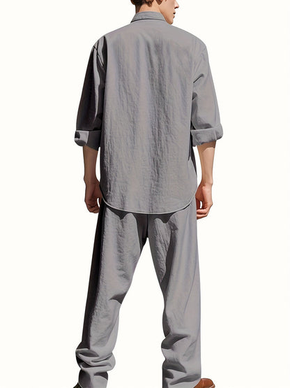 Conjunto de Dos Piezas con Camisa de Cuello Mao y Pantalón con Cintura Ajustable para Hombre | Ideal para Uso Diario