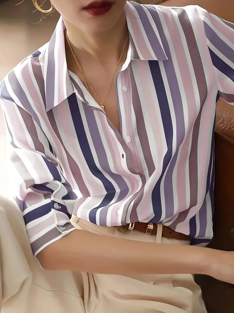 Camisa de Manga Larga con Rayas y Cierre de Botones para Mujer | Ideal para Uso Diario