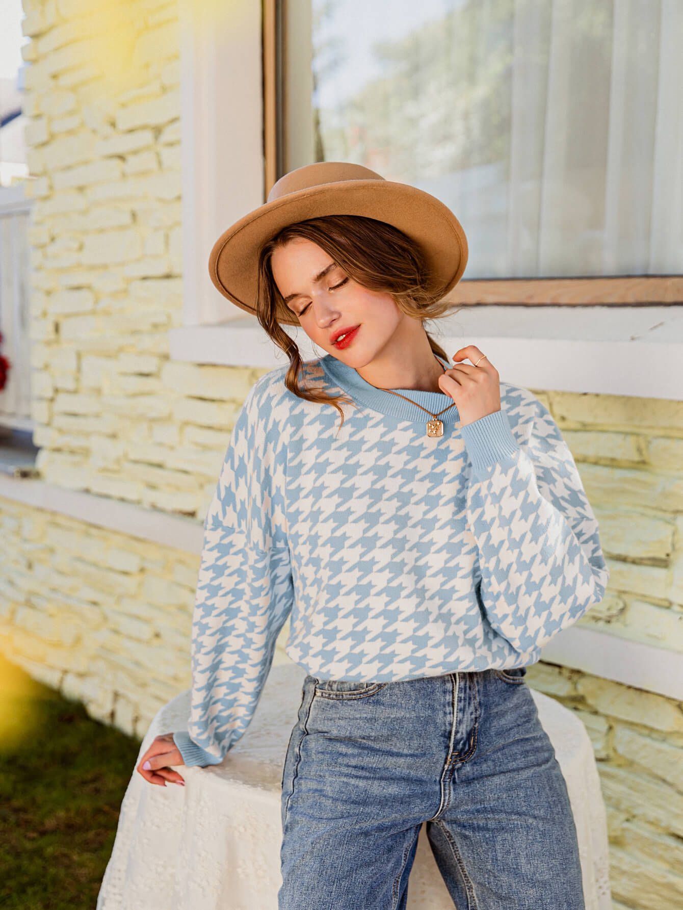 Jersey De Manga Larga Con Motivo Pied-De-Poule Y Cuello Redondo Para Mujer | Ideal Para Uso Diario