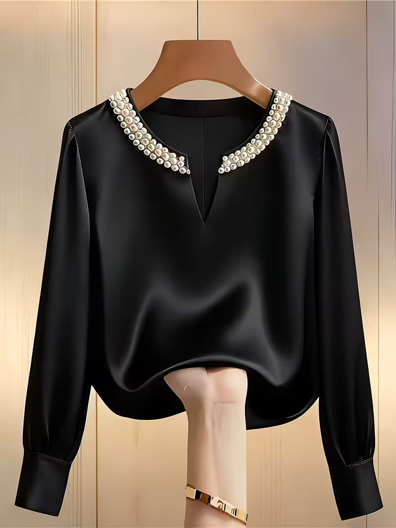Camisa con Mangas Largas y Detalles de Perlas para Mujeres | Ideal para Trabajo y Ocasiones Especiales