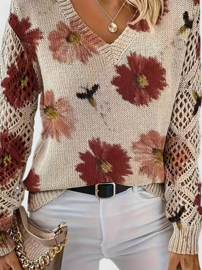 Jersey De Manga Larga Con Motivo Floral Y Cuello En V Para Mujer | Ideal Para Uso Diario