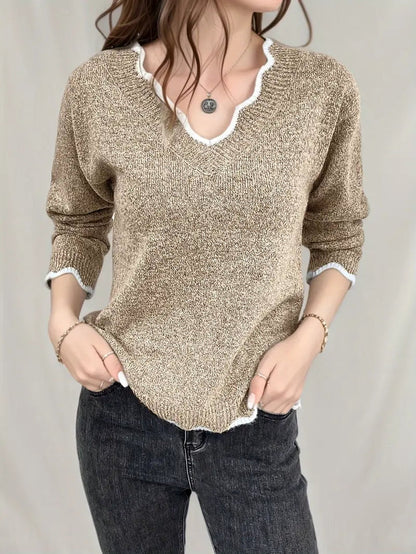 Jersey de Punto con Acabado Shell y Escote en V para Mujer | Ideal para Otoño e Invierno