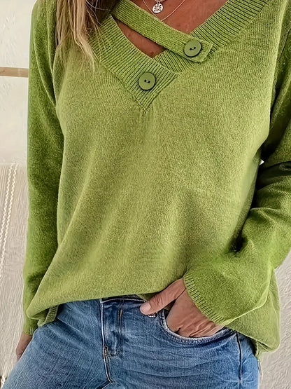 Jersey De Manga Larga Con Escote En V Y Detalle De Botones Para Mujer | Ideal Para Uso Diario Y Superposición