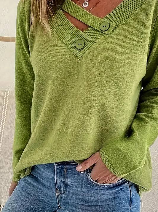 Jersey De Manga Larga Con Escote En V Y Detalle De Botones Para Mujer | Ideal Para Uso Diario Y Superposición