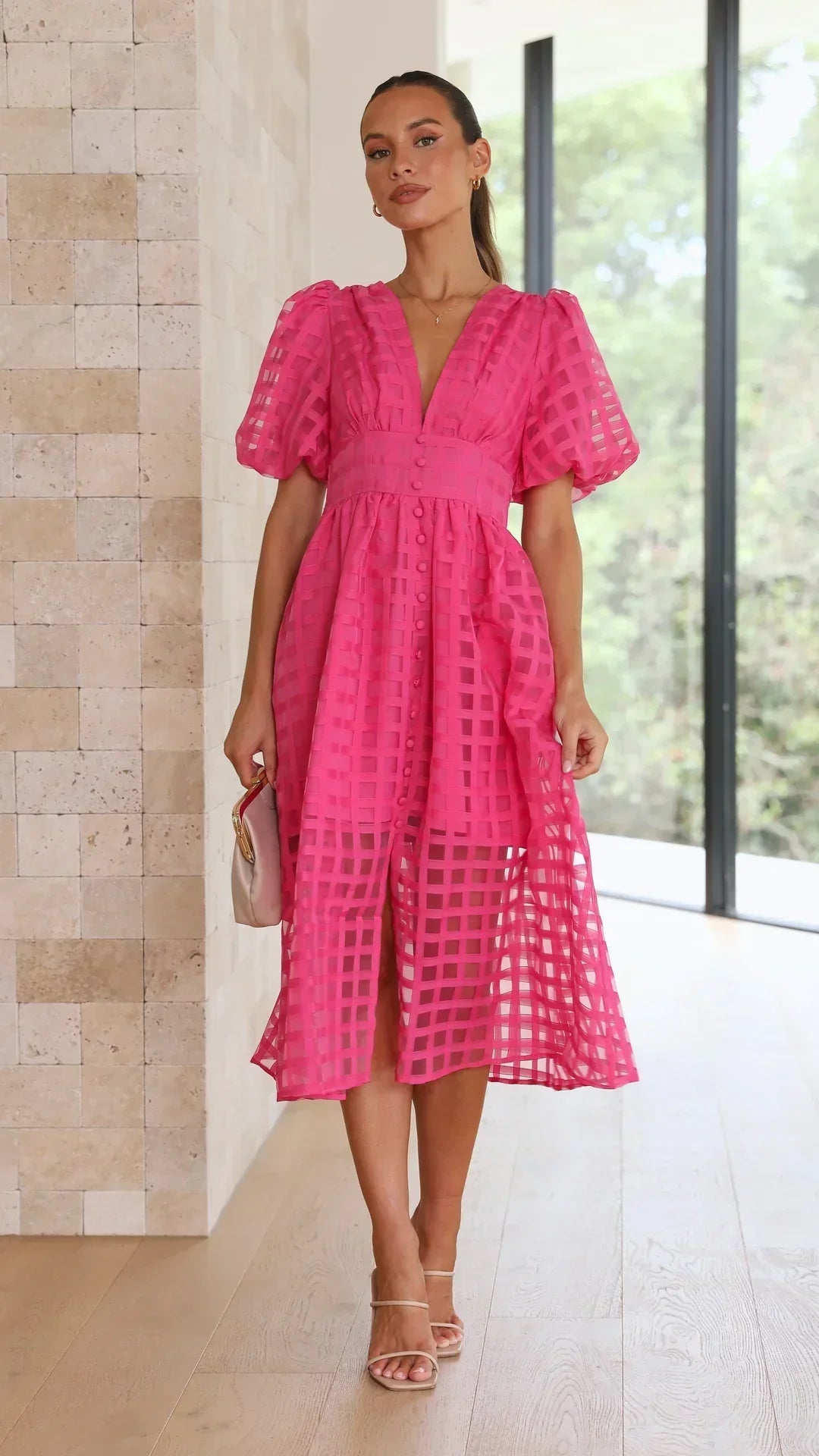 Vestido Midi con Estampado de Cuadros Calados para Mujer | Ideal para Eventos Formales y Ocasiones de Verano