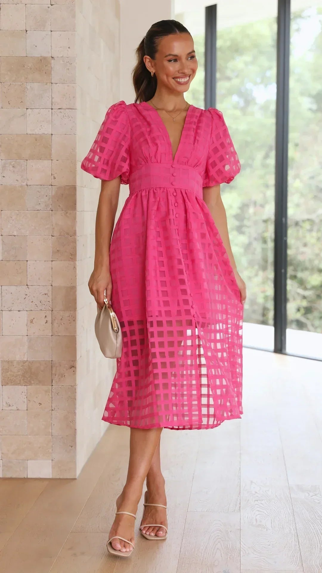 Vestido Midi con Estampado de Cuadros Calados para Mujer | Ideal para Eventos Formales y Ocasiones de Verano