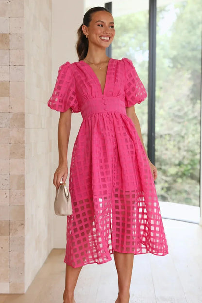 Vestido Midi con Estampado de Cuadros Calados para Mujer | Ideal para Eventos Formales y Ocasiones de Verano